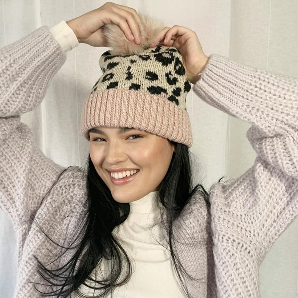 Multi Pom Leopard Beanie